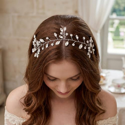 2Pcs Pearl Bride Wedding Hair Vine, Rhinestone Bridal Headpiece | Silver Rhinestone Bridal Headpiece, Bendable Crystal Hair Piece, for Women and Girls, Prom Hair Accessories