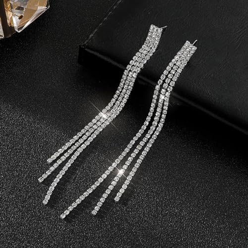 Sparkly Rhinestone Long Tassel Dangle Earrings Crystal Chandelier Dangle Drop Earrings Wedding Party Prom Earrings Jewelry for Women Gifts - color: Silver