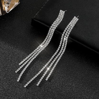 Sparkly Rhinestone Long Tassel Dangle Earrings Crystal Chandelier Dangle Drop Earrings Wedding Party Prom Earrings Jewelry for Women Gifts - color: Silver
