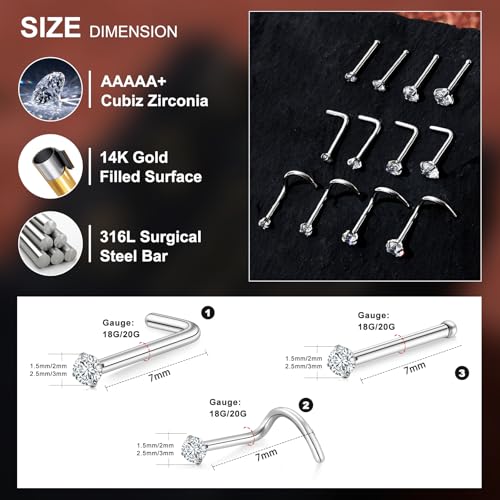 20G/18G Nose Studs Stainless Steel Nose Piercing Nose Ring Set I L S Shape Body Piercing Nose Hoop Ring for Women Men - color: D-12PC-Silver