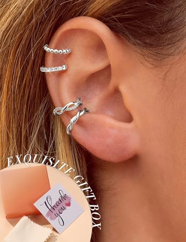 9PCS Ear Cuff Earrings for Women Non Piercing 14K Gold Plated - Hypoallergenic Adjustable Ear Cuffs Trendy Non Tarnish Clip on Cartilage Fake Earring Stacks Wrap Jewelry - color: Silver Plated