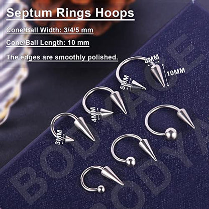 16G Spike Septum Rings Horseshoe Nose Rings, Stainless Steel Daith Helix Tragus Cartilage Earrings Hoop, Rook Lobe Lip Piercing for Women Men - color: Hoops:8mm