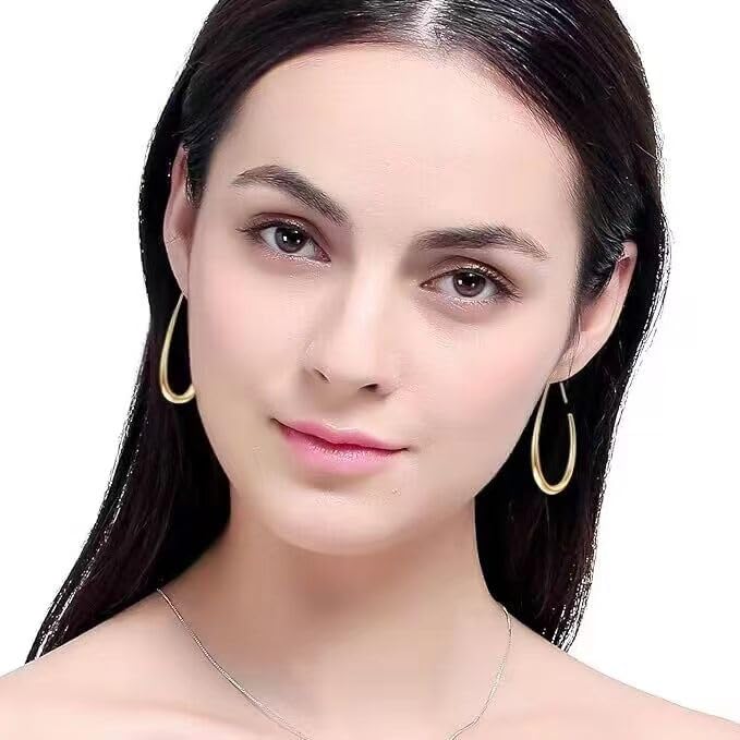 Lightweight Teardrop Hoop Earrings for Women - 14k Gold/White Gold Plated Large Oval Pull Through Hoop Earrings High Polished Statement Jewelry Gift for Women - color: Gold 50*30