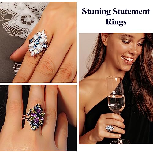 Statement Flower Ring Cocktail Leaf Ring Birthstone Anniversary Signet Ring | Hypoallergenic|14K Gold Plated|Sterling Silver Sparkling Engagement Promise Party Ring for Women, Size 6 to 10(With Box) - color: Opal