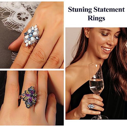 Statement Flower Ring Cocktail Leaf Ring Birthstone Anniversary Signet Ring | Hypoallergenic|14K Gold Plated|Sterling Silver Sparkling Engagement Promise Party Ring for Women, Size 6 to 10(With Box) - color: Opal