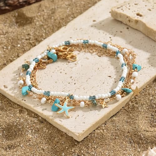 Ankle Bracelets for Women Gold Anklet Set Boho Vacation Gift | Gold anklet set for women 5 styles with matching gift pouch.Boho adjustable non-tarnish jewelry.Perfect present idea. - color: Starfish