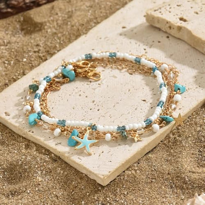 Ankle Bracelets for Women Gold Anklet Set Boho Vacation Gift | Gold anklet set for women 5 styles with matching gift pouch.Boho adjustable non-tarnish jewelry.Perfect present idea. - color: Starfish