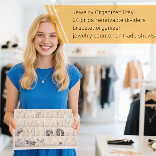 24 Grids Stackable Jewelry Tray Organizer with Removable Dividers, Velvet Jewelry Display Tray for Earrings Necklaces Bracelet Rings Display Showcase - Beige