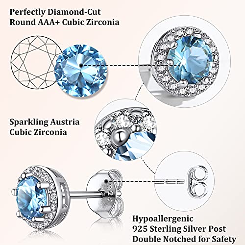Bestyle Sparkling 925 Sterling Silver Birthstone Stud Earrings for Women, Heart/Round/Teardrop/Square Solitaire Diamond Studs Earrings, Great Birthday/Christmas Gifts - style: 03. Blue Aquamarine-Mar.-round