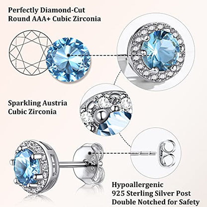 Bestyle Sparkling 925 Sterling Silver Birthstone Stud Earrings for Women, Heart/Round/Teardrop/Square Solitaire Diamond Studs Earrings, Great Birthday/Christmas Gifts - style: 03. Blue Aquamarine-Mar.-round