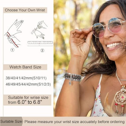 Newlibery Natural Stone Bracelet Beaded-Bands Women Compatible with Apple Watch 38mm 40mm 41mm 42mm (S10/11) Feminine Cute Handmade Stretch Strap for iWatch Series 11/10/9/8/7/6/5/4/3/2/1 SE 3/2/1 - color: A8 Grey Map, size: 38/40/41/42mm(s10/11)