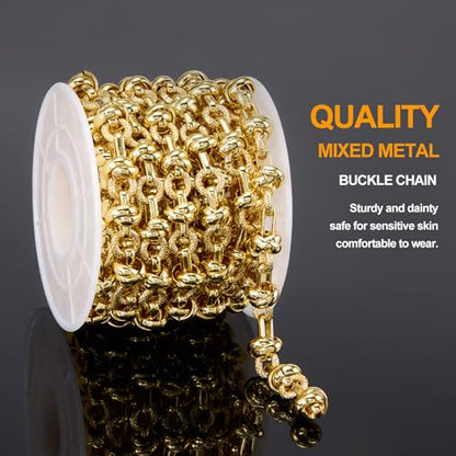 Chunky Chains for Jewelry Making 18K Gold Plated Craft Chain Roll | 6.5 Feet Buckle Chain Links for Women Men DIY Necklace Bracelet Handcrafts Supply Jewelry Findings - color: Buckle Gold