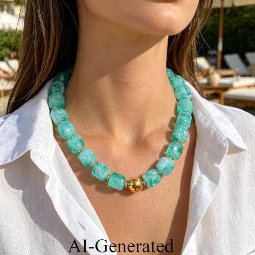 Ritach Chunky Beaded Necklaces for Women - Colorful Large Square Acrylic Beaded Necklace Boho Chunky Necklace Adjustable Statement Choker Necklace for Women Waterproof Summer Beach Jewelry Gifts - color: Mint Green