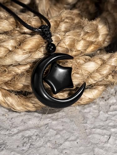 MINACHI Gothic Black Obsidian Moon Star Pendant Necklace with Braided Cord, Goth Celestial Jewelry Gift for Men and Women
