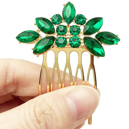 Bridal Crystal Hair Piece with Comb 3 Pieces Small Rhinestone Wedding Gold Hair Pins Accessories for Women Girls (Green) - color: Green