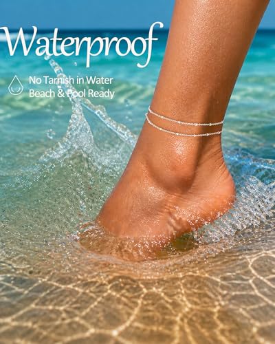 Gold Silver Ankle Bracelets for Women Waterproof 14K Gold Plated Anklets for Women Non Tarnish Dainty Layered Beaded Heart Anklet Set Summer Beach Foot Chain Jewelry Gifts Trendy Stuff - color: F- Small Beaded Anklets-Silver