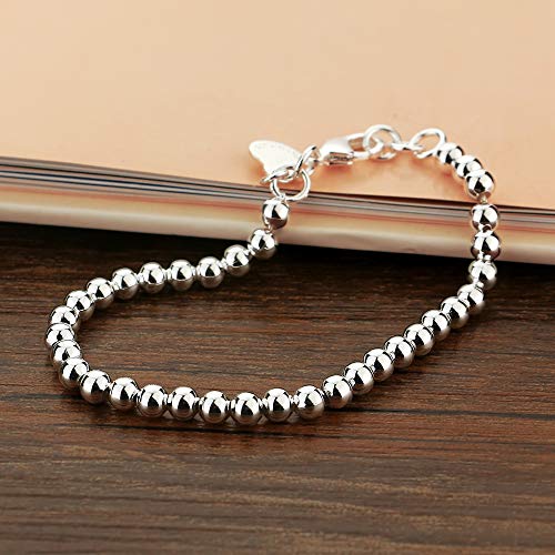 Dankadi New Women's 925 Sterling Silver Bracelet Minimalist 4-6MM Round Bead Chain Solid Silver Bracelet Charm Jewelry Lobster Claw Clasp - style: Silver 4mm16cm