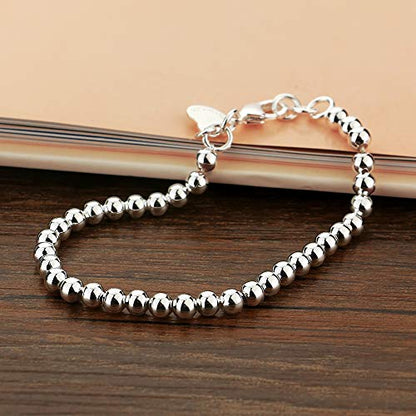 Dankadi New Women's 925 Sterling Silver Bracelet Minimalist 4-6MM Round Bead Chain Solid Silver Bracelet Charm Jewelry Lobster Claw Clasp - style: Silver 4mm17cm