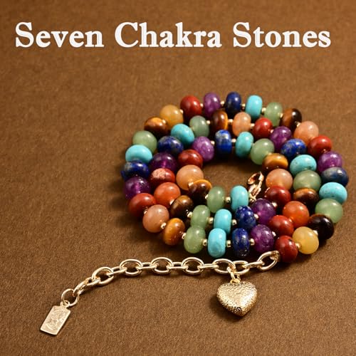 Boho Gemstone Beaded Necklace for Women – Colorful Natural Stone Choker 18K Solid Heart-Shaped Pendant, Summer Beach Jewelry - color: Seven Chakra Stones