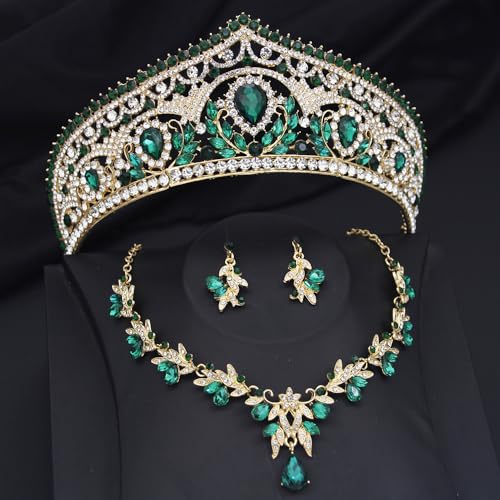 Princess Tiara Crown and Jewelry Sets for Women Wedding Rhinestone Crystal Tiaras and Crowns with Necklace Earrings Party Birthday Accessories - color: Gold Green