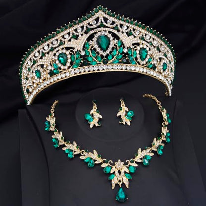Princess Tiara Crown and Jewelry Sets for Women Wedding Rhinestone Crystal Tiaras and Crowns with Necklace Earrings Party Birthday Accessories - color: Gold Green