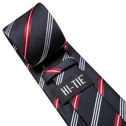 Hi-Tie Men's Silk Ties Formal Woven Classic Necktie Pocket Square Cufflinks Lapel Pin Set Wedding Business - color: A Black and Red