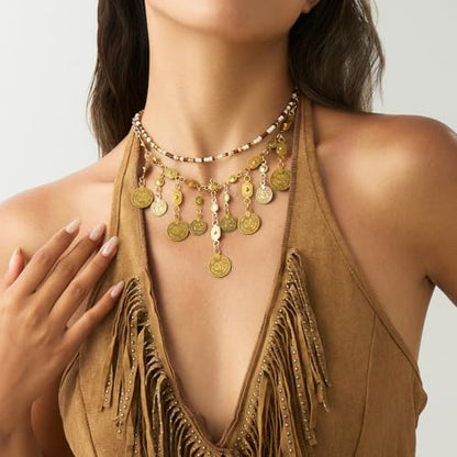 Layered Coin Pendant Necklace for Women, Gold Beaded Boho Statement Necklace, Vintage Disc Charm Collar Necklace, Festival Vacation Jewelry
