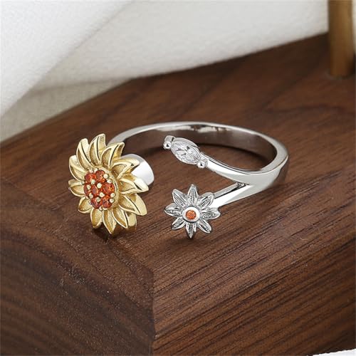 Hebelee Rotatable CZ Sunflower Spinner Ring for Women Fashion Crystal Rotating Flower Stackable Statement Open Wrap Finger Rings Comfort Fit Adjustable Fidget Anxiety Relieving Stress Jewelry - color: Sunflower