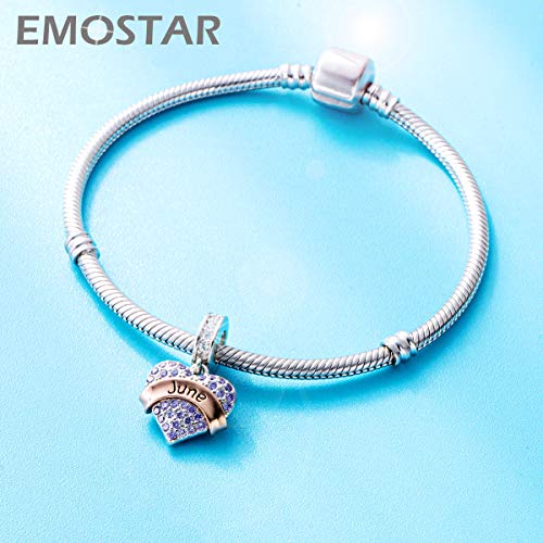 EMOSTAR Jan-Dec Birthstone Charms fits European Birthday Bracelet, Dangle 925 Sterling Silver Heart Shaped Pendant with 12 Months Birthstones, Gifts for Mom/Women - color: June Birthstone