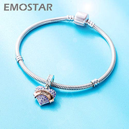 EMOSTAR Jan-Dec Birthstone Charms fits European Birthday Bracelet, Dangle 925 Sterling Silver Heart Shaped Pendant with 12 Months Birthstones, Gifts for Mom/Women - color: June Birthstone