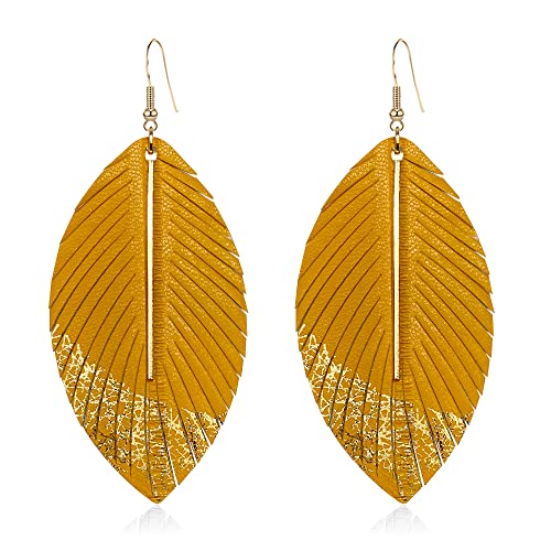 Bohemian Handmade Lightweight Color Large Genuine Soft Leather Fringe Feather Leaf Tear Dangle Drop Earrings for Women Statement - color: 2-Yellow