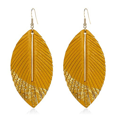 Bohemian Handmade Lightweight Color Large Genuine Soft Leather Fringe Feather Leaf Tear Dangle Drop Earrings for Women Statement - color: 2-Yellow