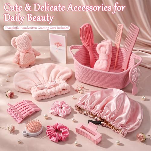 20 Pcs Gift Basket for Women Hair Care Pack Includes Self Care Beauty Set Hair brush Set for Women, Mom Friend Sister Wife Grandma Girlfriend Daughter(Pink) - color: Pink