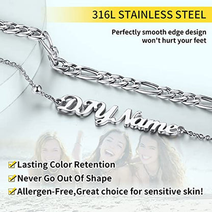ChainsHouse Double Layer Anklet Bracelet for Women,Adjustable Chain Anklets Stackable Dainty Anklets,Stainless Steel/Gold Plated/Black Ankle Jewelry Gifts - color: A-Silver-Figaro Chain