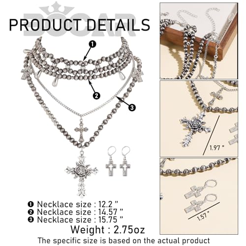 Bocar Gothic Cross Layered Pearl Necklace Chunky Statement Stacked Necklace Y2K Silver Layered Necklace for Women (NK-10769) - color: Navajo