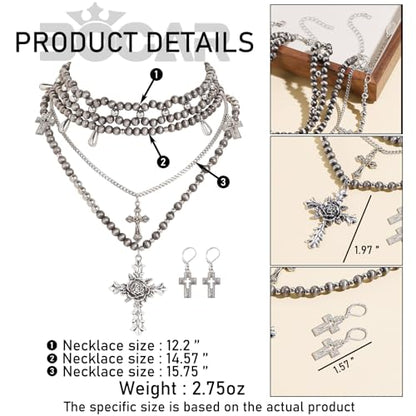 Bocar Gothic Cross Layered Pearl Necklace Chunky Statement Stacked Necklace Y2K Silver Layered Necklace for Women (NK-10769) - color: Navajo