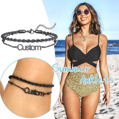 U7 Custom Layered Ankle Bracelets for Women Stainless Steel Bead/Cuban/Figaro/Rope/Wheat Chain Anklet Waterproof Anklet Jewelry for Beach Vacation - color: c-Black-Rope Chain