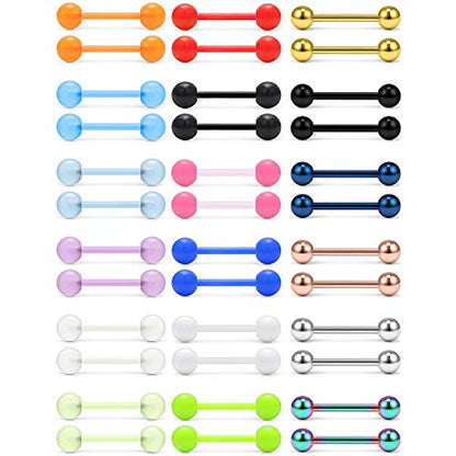 14G 16mm Glow in The Dark Flexible Acrylic Straight Tongue Nipple Ring Retainer Piercing - color: 36PCS - Option C