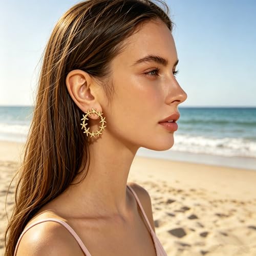 Gold Statement Earrings For Women, 14K Gold Plated Textured Geometric Drop Earrings - Hypoallergenic Stainless Steel Statement Earrings for Women, Waterproof Fan-Shaped Dangle Earrings for Beach & Daily Wear - color: Starfish DKE252030GL