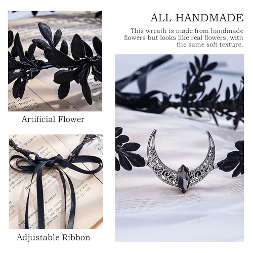 MOSTORY Black Moon Flower Crown - Handmade Gothic Elf Headpiece Woodland Dark Floral Headband Fairy Circlet for Renaissance Halloween Goth Wedding Party Cosplay Photo Shoot - color: Black