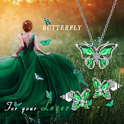 925 Sterling Silver Birthstone Butterfly Jewelry Women Crystal Animal Cute Butterflies Birthday Necklace/Earring/Ring/Bracelet Sets Birth Stone Statement Anniversary Jewellery - color: 1-E.May-Emerald
