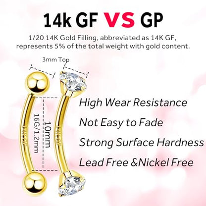 2 Pcs 14k Gold Filled Eyebrow Rings, 16G Threaded Rook Piercing Jewelry, Surgical Steel Vertical Lip Labret Belly Tongue Ring Daith Earring Curved Barbells - color: 10mm-2pcs