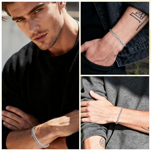 3PCS Stainless Steel Chain Bracelets for Men Women Gold Cuban Figaro Link Chain Bracelet Men's Curb Chain Bracelets Twisted Wrist Bracelets 7/7.5/8.3/9 Inches - color: Silver