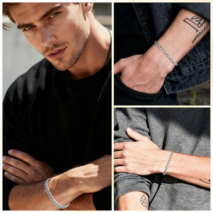 3PCS Stainless Steel Chain Bracelets for Men Women Gold Cuban Figaro Link Chain Bracelet Men's Curb Chain Bracelets Twisted Wrist Bracelets 7/7.5/8.3/9 Inches - color: Silver