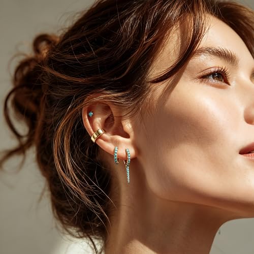 DREMMY STUDIOS Gold Dainty Huggie Hoop Earrings 18K Gold Plated Exquisite Open Tassel Dangle Charm Drop Sleeper Geometric Cross Coin Star Heart White CZ Simple Hypoallergenic Earrings for Women - color: Long-Tur