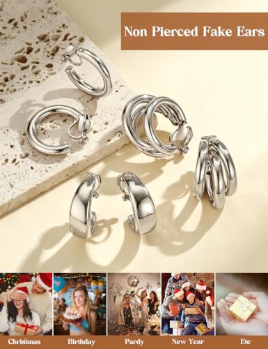 Giovanchi 3Pairs Clip on Earrings for Women with Non-Pierced Ears - Trendy Hypoallergenic 14K Gold Plated Chunky Tube Croissant Waterdrop Clip on Hoop Earrings - style: B-Silver