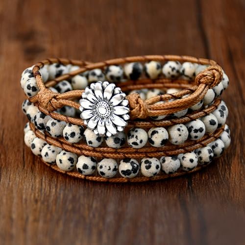 Boho Wrap Bead Bracelet for Women - Handmade Adjustable Natural Stone Beaded Bracelets Yoga Healing Bracelet Bangle Hippie Jewelry - color: almation Jasper
