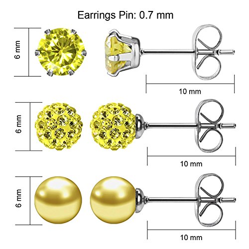 JewelrieShop Birthstone Studs Earring Set Cubic Zirconia Rhinestones Crystal Ball Faux Pearl Stainless Steel Stud Earrings for Women Jewelry Gift (6mm Round,3 Pairs) - color: 11) Nov. - Yellow