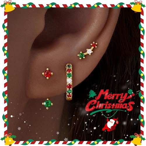 3 Pairs Dainty Small Earrings Set for Women Trendy, Birthstone Stud Huggie Hoop Jacket Stack for Cartilage Helix, Gold Plated Hypoallergenic Cute Women Fashion Accessories Western Jewelry Gifts - color: Christmas Earrings(Gold Red White Green)