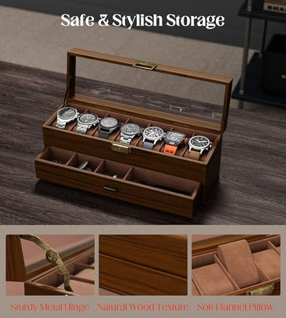 Watch Case Box for Men - Ultra-thin Frame Wide Display 7 Slots 2-Layer Wood Grain Watch Storage Organizer with Jewelry Drawer, Real-glass Display Case Collection Box Gift for Dad Husband - size: 7 Slots, Wooden Pattern